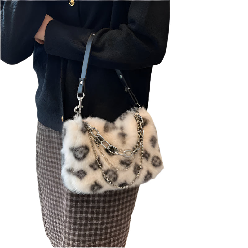 Elegant Winter Plush Floral Shoulder Bag with Gold Chain Strap
