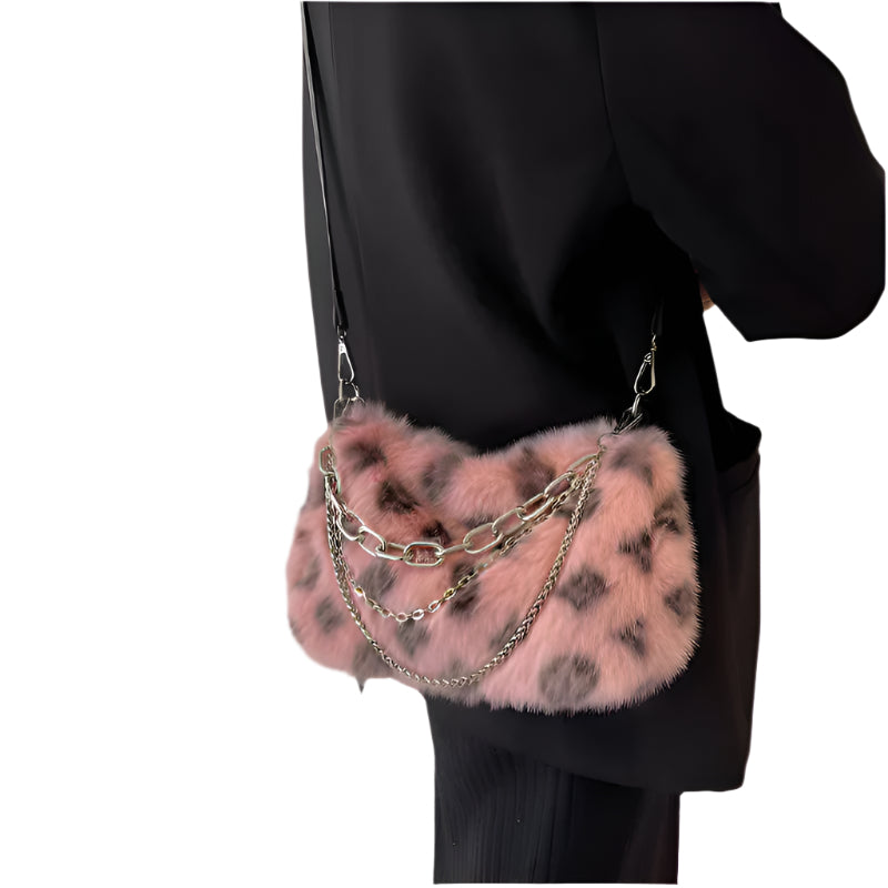 Elegant Winter Plush Floral Shoulder Bag with Gold Chain Strap