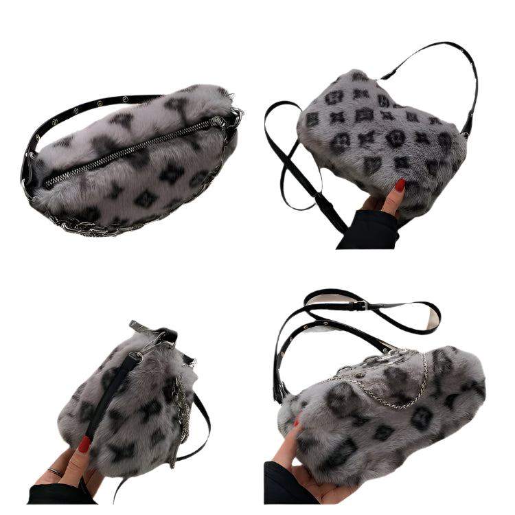 Elegant Winter Plush Floral Shoulder Bag with Gold Chain Strap